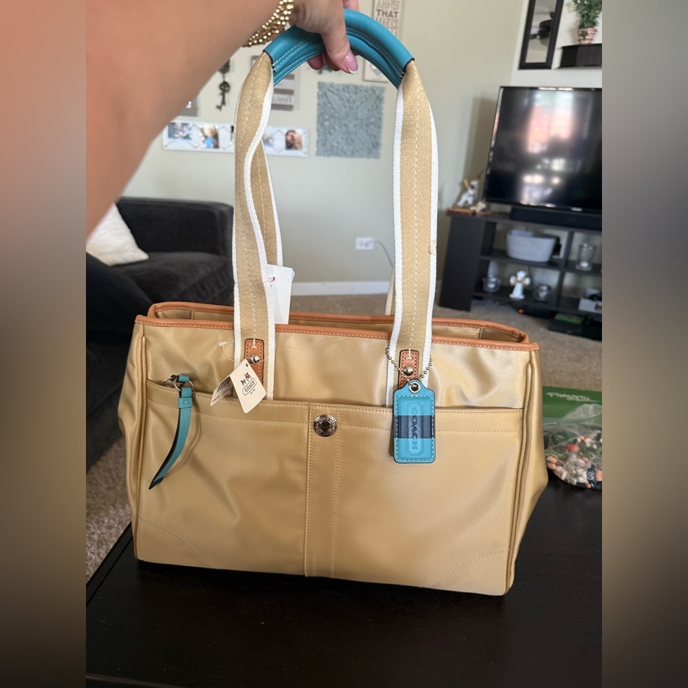 Coach gold and blue sateen nwt Hampton weekender leather trim